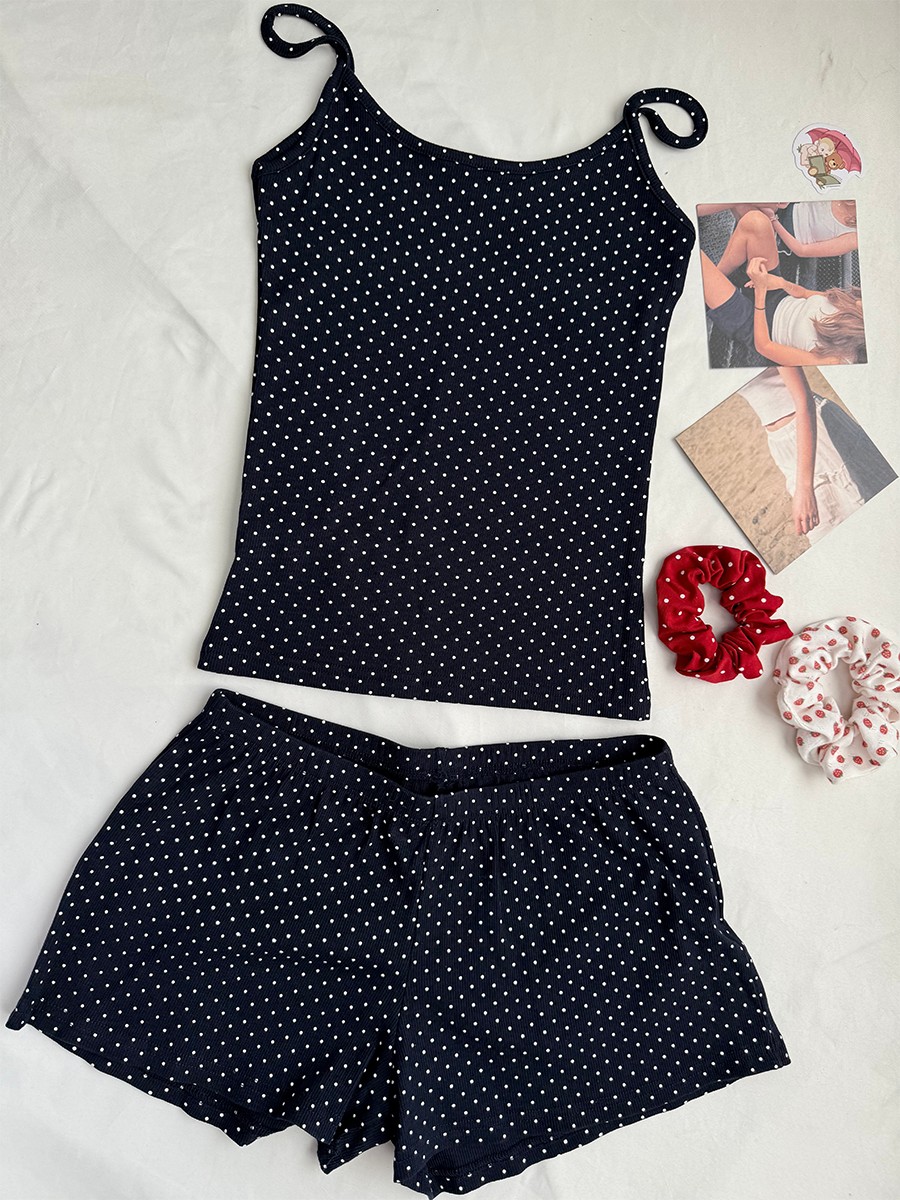 Navy Dot Ribbed Shorts Sets Wo - Tank Top Ribbed review and price
